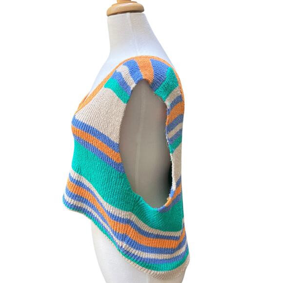 Free People Beach Marsha Striped Sweater Vest Sz XL Cropped Green Coastal Boho - Picture 3 of 12